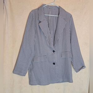 Cinnie Women's Blazer L  Black White Plaid Jacket Vintage 100% Polyester